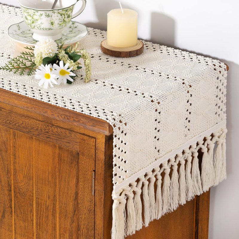 Socomi Boho Table Runner Macrame Summer Farmhouse Woven Cotton Linen Rustic Coffee Table Runner with Tassels for Dresser Scarf Home Decor Dining Room 12x90 inch Cream Ivory