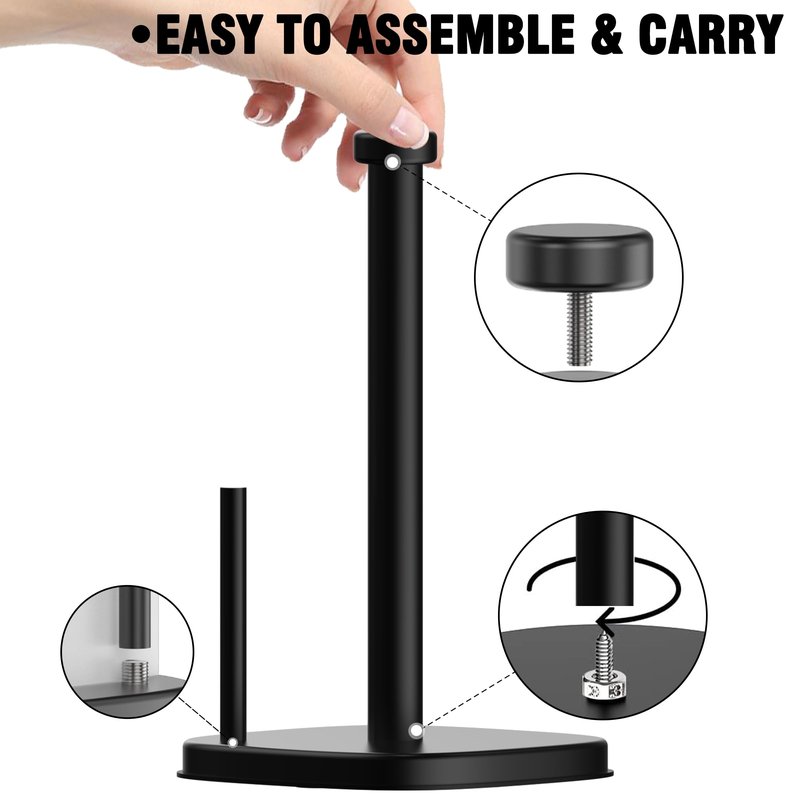 MIROAMZ Paper Towel Holder Countertop, Stainless Steel Paper Roll Holder with Weighted Base Suction Cups, One-Handed Operation Standing Paper Towel Holder for Kitchen Bathroom (Matte Black)