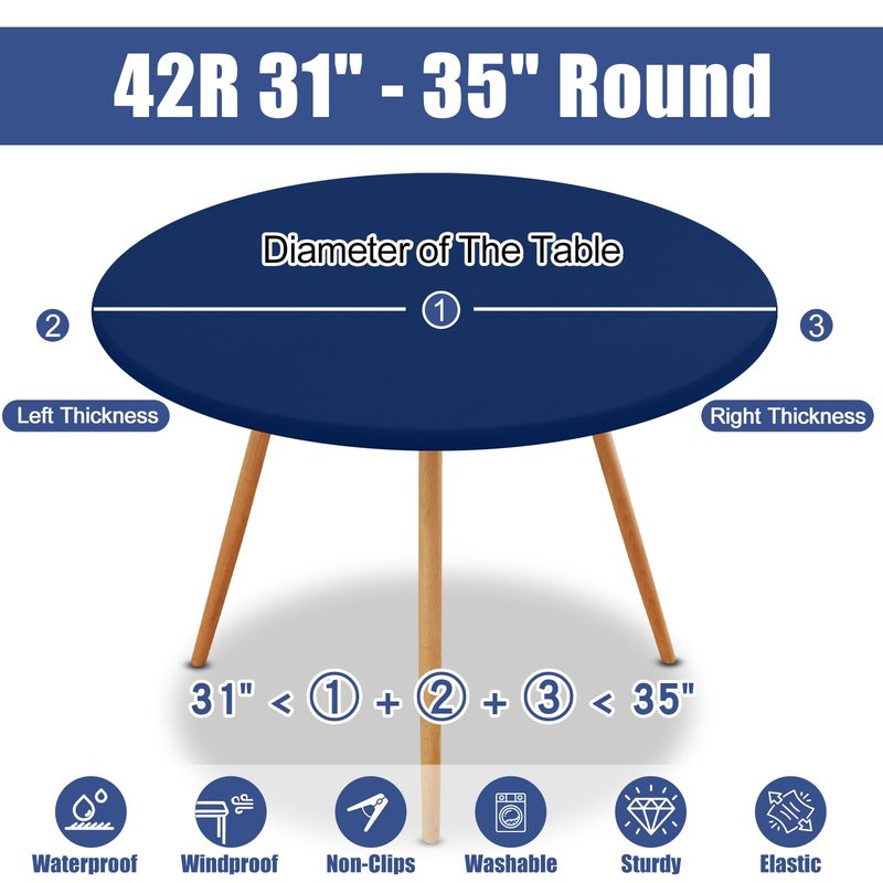 Moosfor Round Spandex Tablecloth, Elastic Fitted Waterproof Tablecloths for 31"-35" Tables, Stretch Washable Picnic Table Cover for Camping, Dining, Indoor and Outdoor, Navy