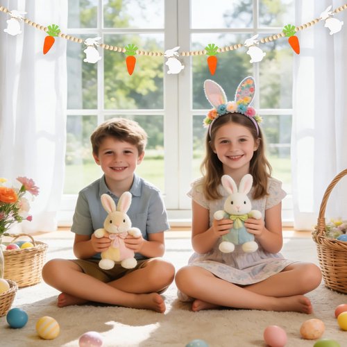 Easter Decorations Pre-Assembled Easter Garland Wooden Bunny Carrot Garland with Beads Easter Decor Rustic Banner for Mantel Fireplace Home Party Farmhouse Spring Decor Wall Decor