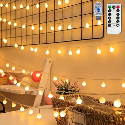 FATONESA Globe String Lights, 32.8 FT 80 LED USB Powered Waterproof Timer 8 Modes Fairy String Lights with Remote for Bedroom Christmas Party Patio Garden Indoor Wedding Decor, Warm White, 10M