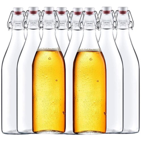 Encheng 32 oz Clear Glass Bottles with Air Tight Lids,Easy Cap Bottle for Beer and Home Brewing,Glass Kombucha Bottles with Stoppers,Swing Top Bottle for Beverages 8 Pack