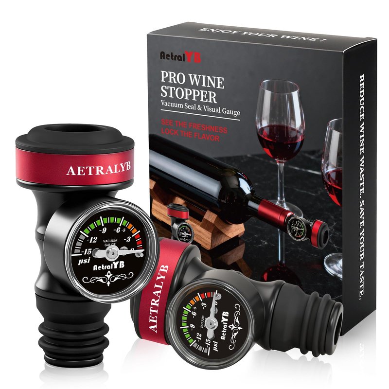 2 Pack Wine Vacuum Saver Sealer with Real-Time Pressure Gauge, Reusable Bottle Stoppers for Red & White Wine Preservation - Airtight Seal, Keep Fresh 5X Longer (Includes Hand Pump)
