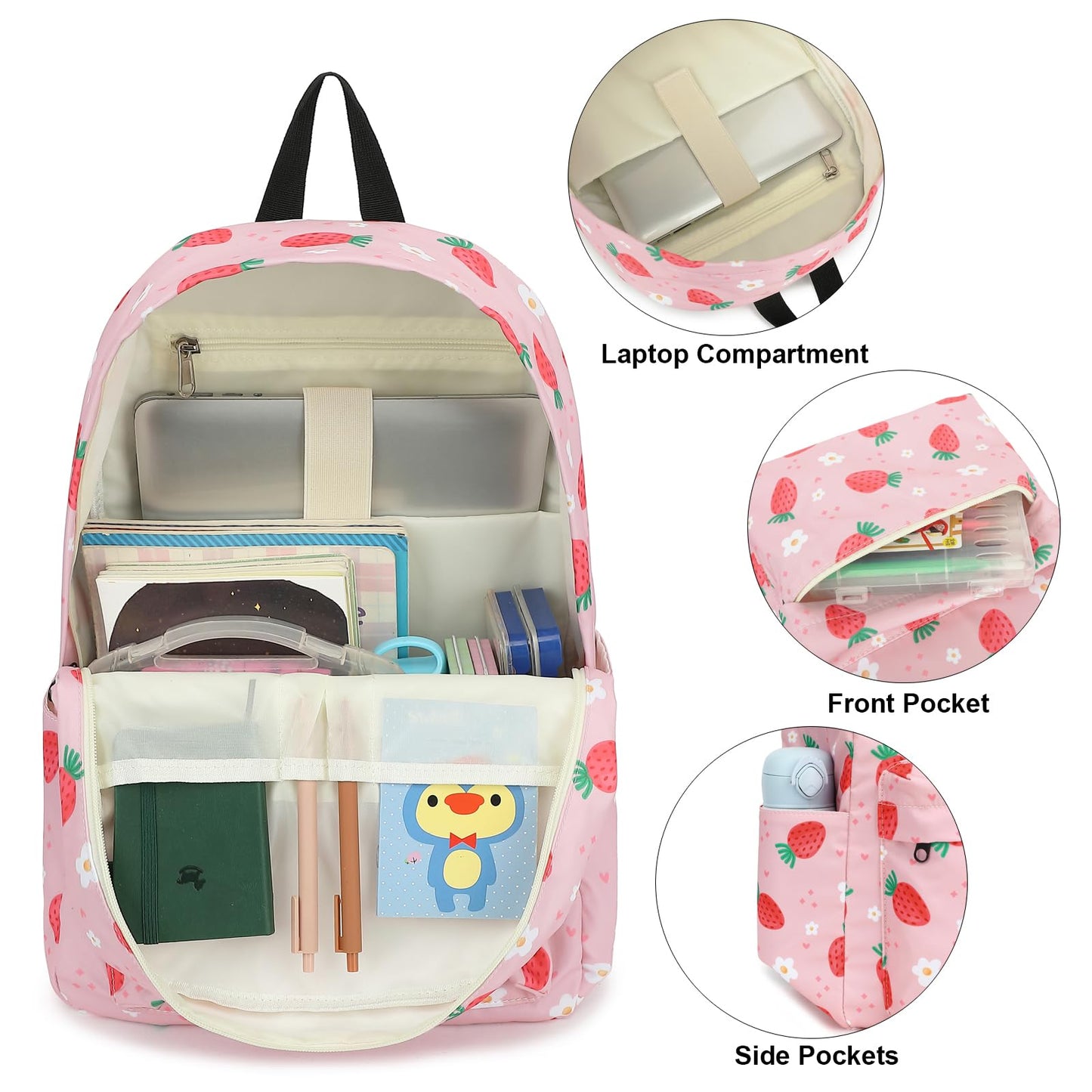 Xunteny Strawberry Girls School Backpack for Kids Teens, Elementary Middle School Backpacks Bookbag Set with Lunch Bag Pencil Case