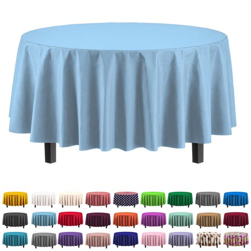 Exquisite Party Solids 6-Pack Premium Plastic Tablecloth 84in. Round Plastic Table Cover - Light Blue