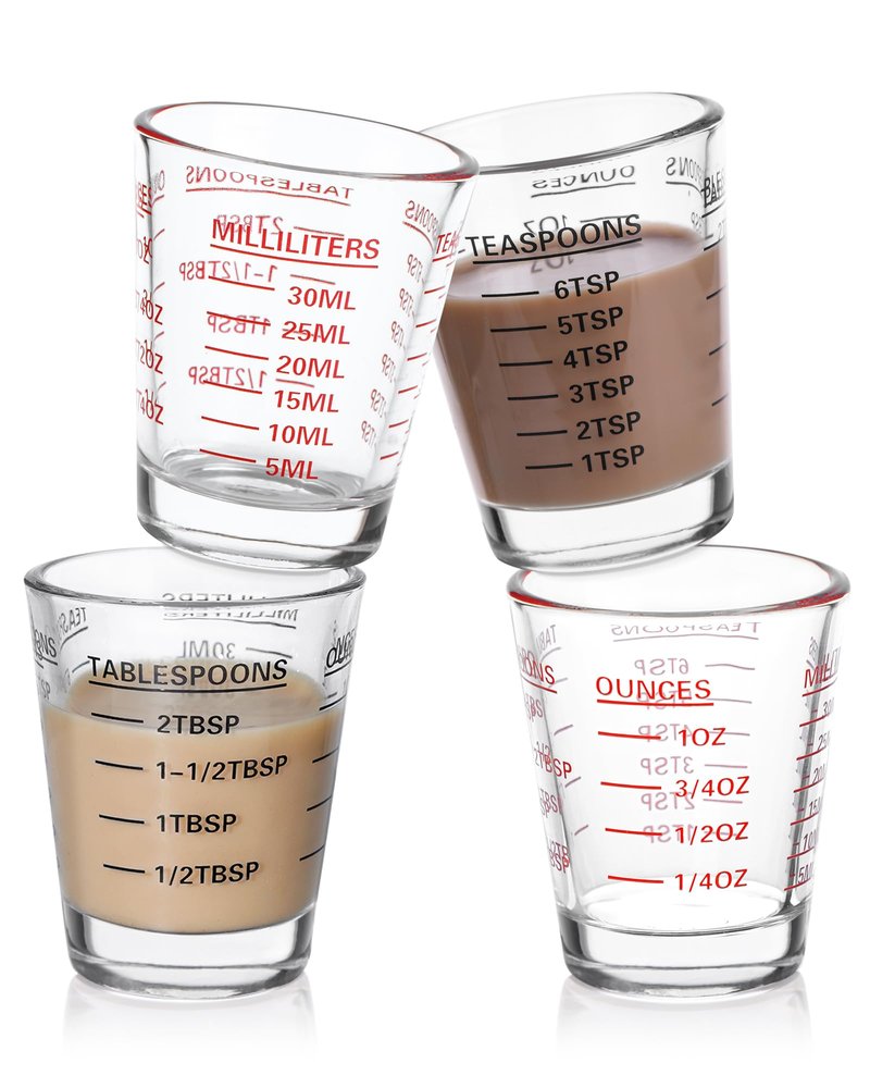 Shot Glasses Measuring Cup Set 4PACK Espresso Shot Glasses Liquid Heavy Glass 26-Incremental Measurement 1 OZ, 2 TBS, 6 TSP, 30 ML Kitchen Tools (RED&Black)