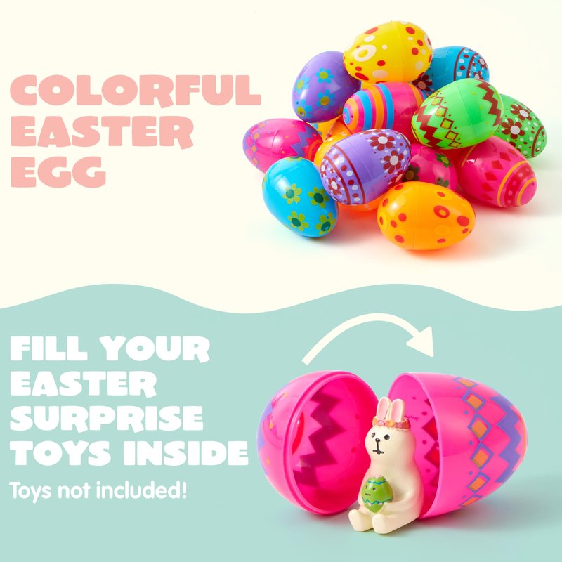 JOYIN 3.15Inch Printed Plastic Eggs Colorful, Fillable Empty Eggs Bulks for Easter Hunt Event, Party Favor-18 pcs