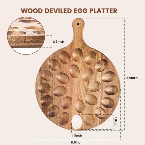 HANSGO Deviled Egg Platter, Wooden Round Deviled Egg Charcuterie Board Tray Holder Carrier with 24 Holes for Kitchen Countertops