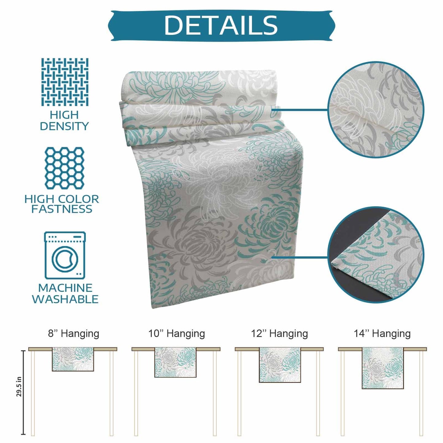 PIEPLE Aqua Chrysanthemum Flowers Table Runner-Cotton Linen-Long 13x108inches Dresser Scarves,Floral Grey Tablerunner for Kitchen Coffee/Dining/End Table Bedroom Living Room,Scarf Decor for Holiday