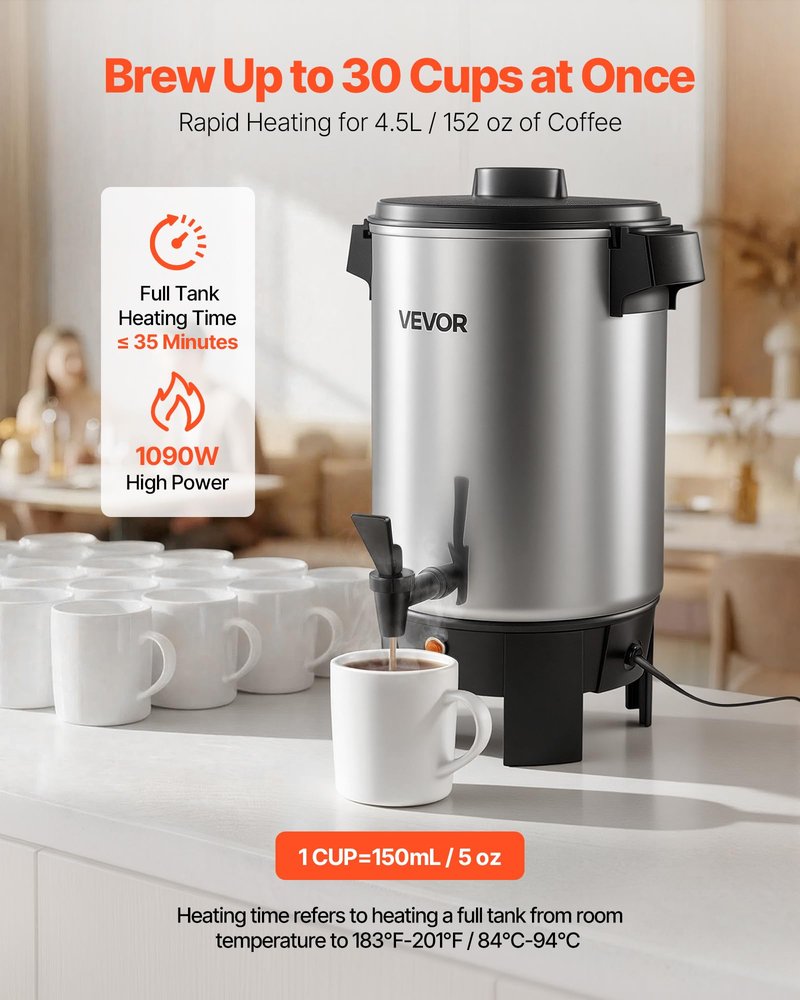 VEVOR Commercial Coffee Urn, 30 Cup 152oz Hot Beverage Dispenser with Dripless Faucet, 1090W Quick-Brewing Coffee Maker, Automatic Temperature Control, for Catering, Party, Church & Restaurant