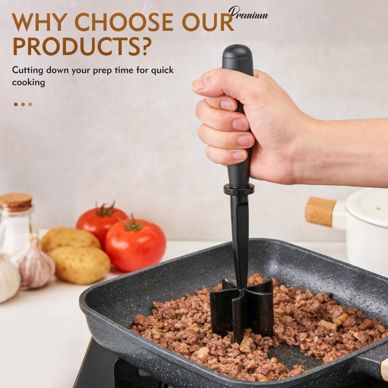 ZASZO Meat Masher, Ground Beef Chopper Tool with 5 Curve Blades & Ergonomic Non-Slip Handle, Nylon Hamburger Smasher Tool Heat Resistant Non Stick(Black)