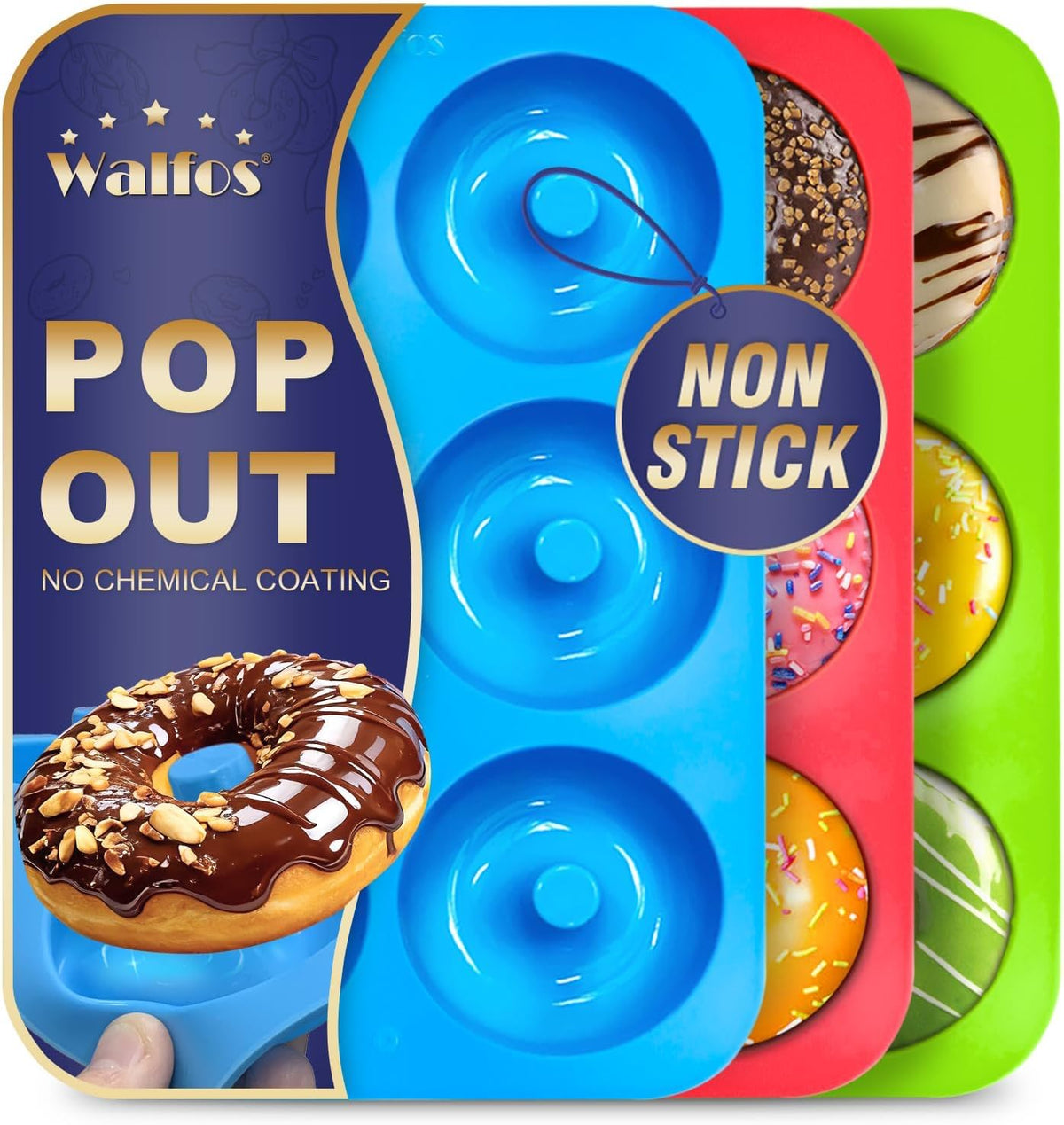 Walfos Non-Stick Donut Pan - Silicone Doughnut Mold, BPA-Free, Easy Release, Set of 3