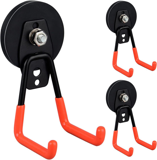 ULIBERMAGNET Heavy Duty Garage Magnet Hooks - 3 Pack Strong Magnetic Utility Hooks with Anti-Slip Coating | Orange