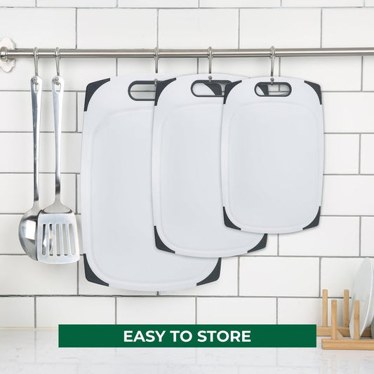 Plastic Cutting Boards for Kitchen, Cutting Board Set of 3, Juice Grooves with Easy Grip Handle, BPA-Free, Non-Porous, Dishwasher Safe, White