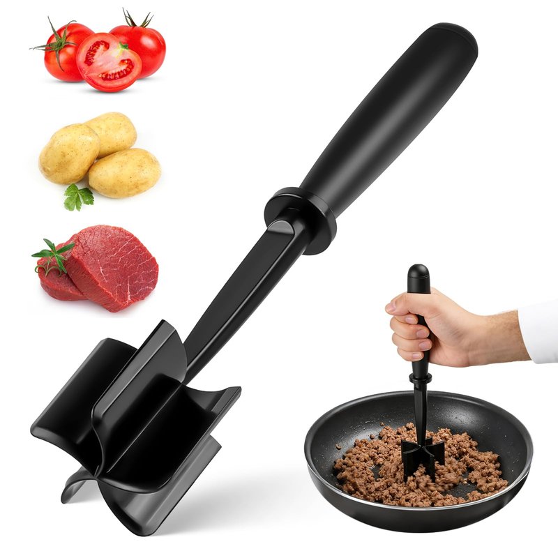 ZASZO Meat Masher, Ground Beef Chopper Tool with 5 Curve Blades & Ergonomic Non-Slip Handle, Nylon Hamburger Smasher Tool Heat Resistant Non Stick(Black)
