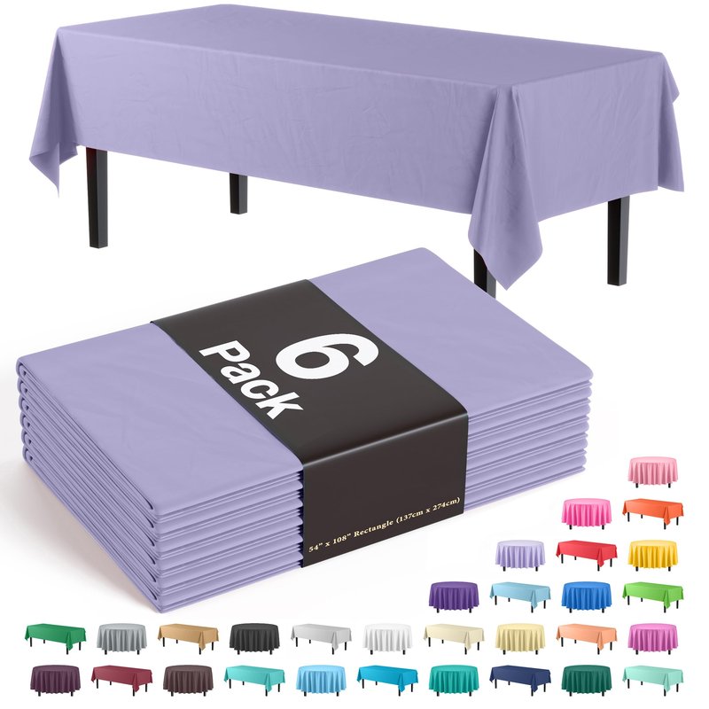 Party Solids Pack Of 6 Premium Plastic Tablecloth 54 Inch x 108 Inch Rectangle Plastic Table Cover - Lavender