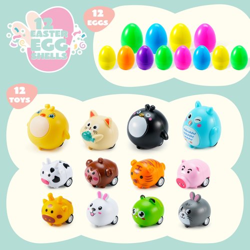 JOYIN 12 Pcs Prefilled Easter Eggs with Toys, Plastic Easter Eggs with Animal Cars for Kids Gift, Basket Stuffers, Classroom Prize Supplies, Party Favors