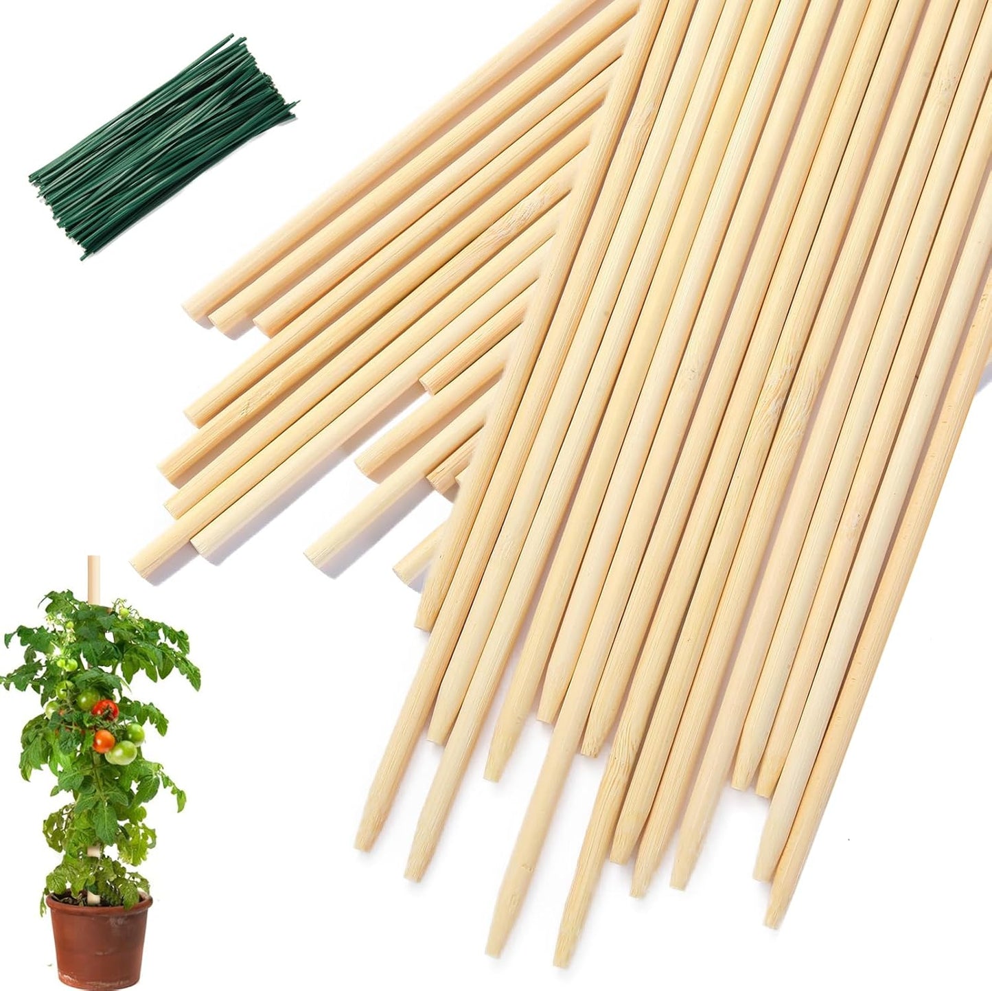 Bamboo Plant Stakes - 18 Inch Wooden Support for Potted Plants | 46 PCS with Wires for Gardening