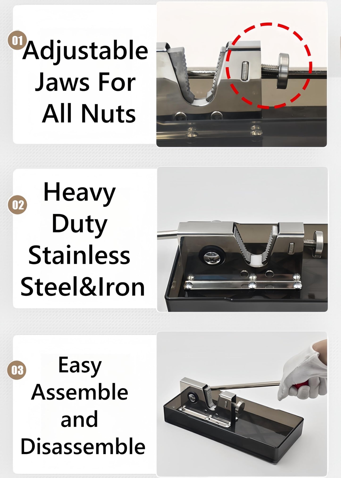 Frezonika Nut Crackers for All Nuts with 3 Picks Included, Stainless Steel Nutcracker for Black Walnuts Pecan Macadamia, Manual Adjustable Jaws Nutcracker Tool (Silver)