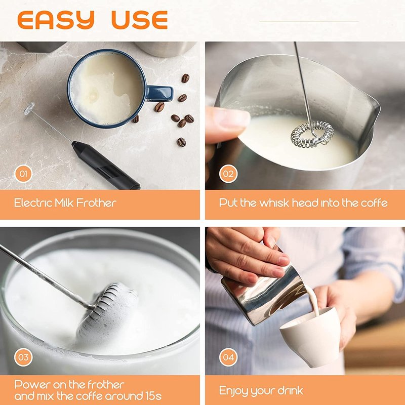 Milk Frother for Coffee, Handheld Battery Operated Electric Milk Frother for Coffee, Latte, Hot Chocolate, Macha, Portable Mini Drink Mixer Blender with Stainless Steel