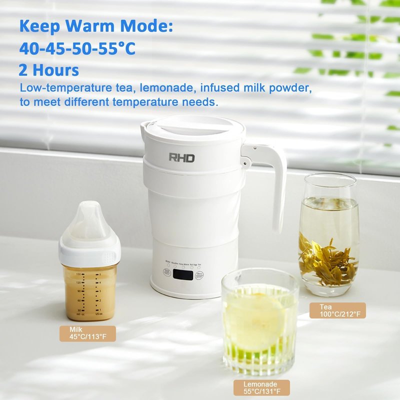 Travel Foldable Electric Kettle, 700ML Hot Water Kettle with Multifunctional Panel, Collapsible Small Boiling Water Kettle with Keep Warm & Delay Start, BPA-Free, 600W, 304 Stainless Steel, White