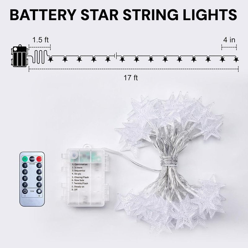 Wirhao Star String Lights Battery Operated 16.4 Feet 50 LED Star Fairy String Lights with Remote and Timer, 8 Light Modes Christmas Decorations Lights for Bedroom Waterproof for Outdoor, Bright White