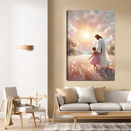 Jesus & Children Canvas Art Print - Soft Pink Sunset Wall Decor for Nursery | 16x24 in