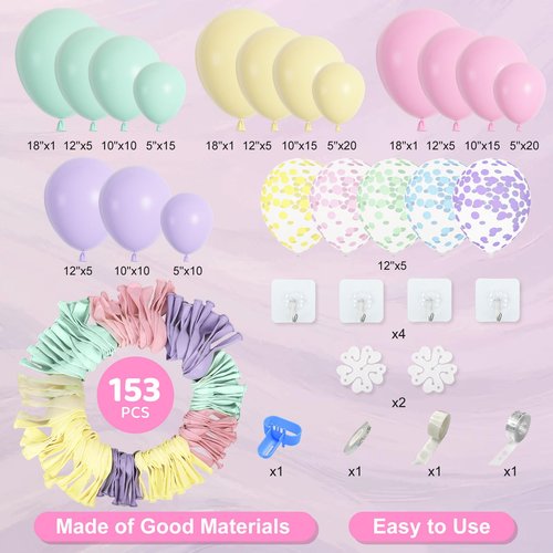 Amandir 153pcs Pastel Balloons Garland Arch Kit, Different Sizes 18 12 10 5inch Pastel Pink Yellow Green Purple Confetti Balloons for Bunny Hunt Spring Baby Shower Birthday Party Decorations