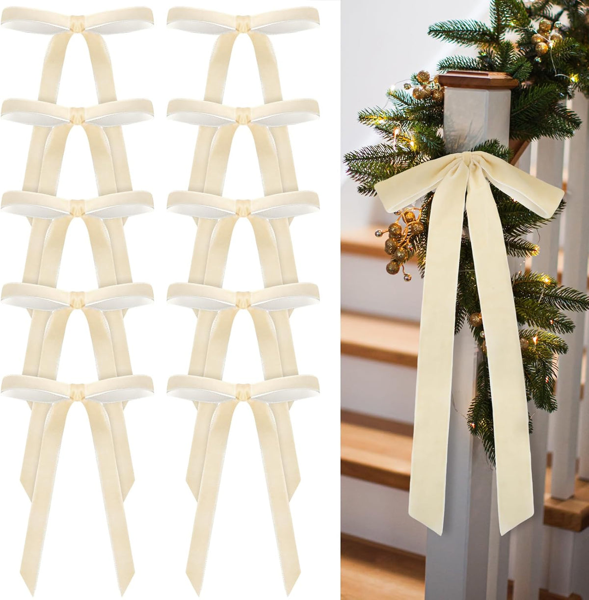 Regine Switzerland 24 Pcs Velvet Bows - Vintage Ribbon for Christmas Tree & Crafts | Beige, 9 x 13 Inch