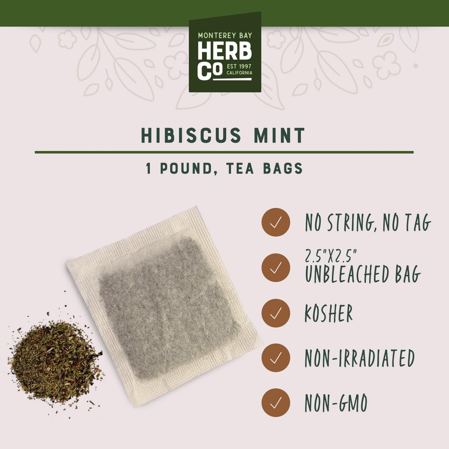 Hibiscus Mint Tea Bags, by Herb Co, Three-Ingredient Blend of Hibiscus, Peppermint & Stevia, Caffeine Free, Unbleached Filter Paper, Kosher, Approximately 200, 1 lb