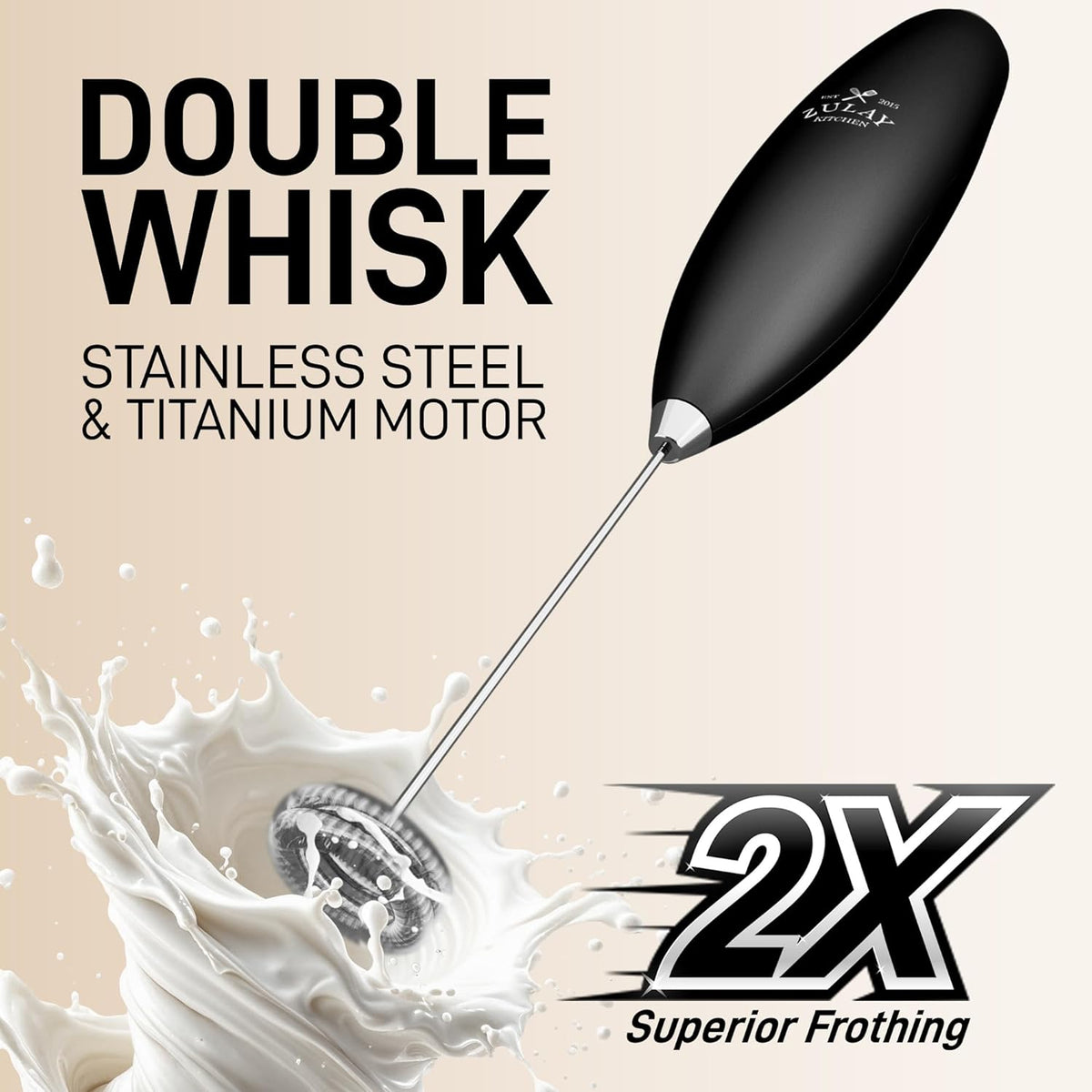 Zulay Kitchen Double Whisk Milk Frother - Powerful Handheld Foam Maker for Coffee, Lattes & More | Includes 2 Duracell Batteries