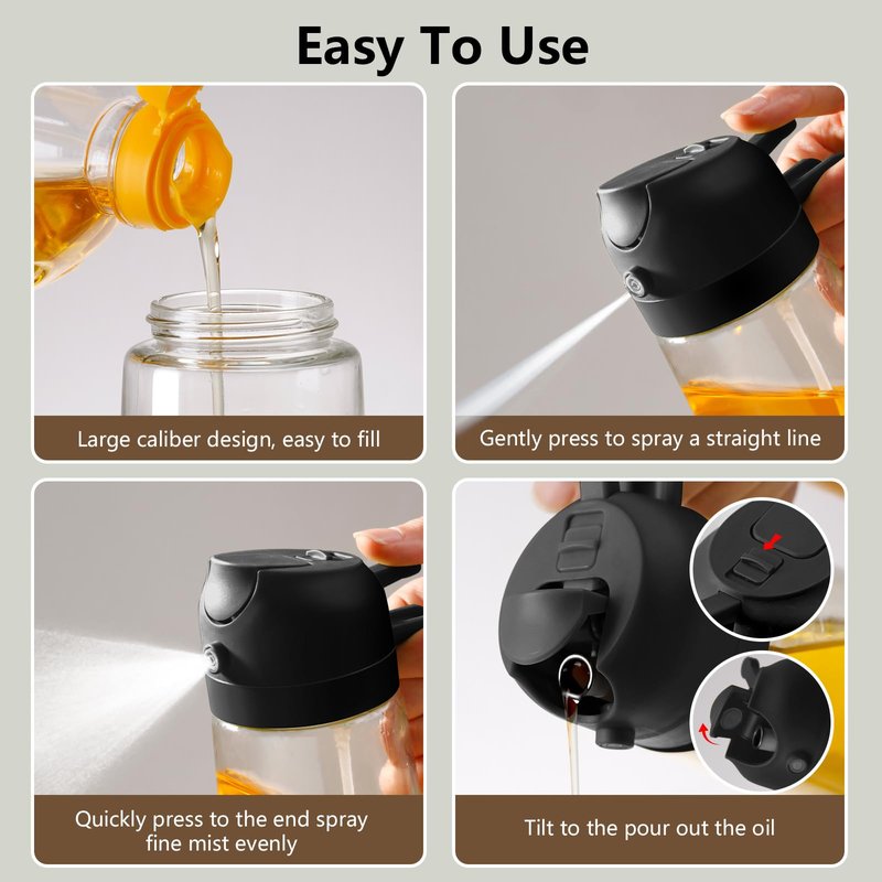 SWEET VIEW Olive Oil Sprayer for Cooking, 16oz/470ml Glass Oil Dispenser/Pour Bottle, Kitchen Accessories, Kitchen Gadgets for Air Fryer, Salad, BBQ, with Stickers (Black)