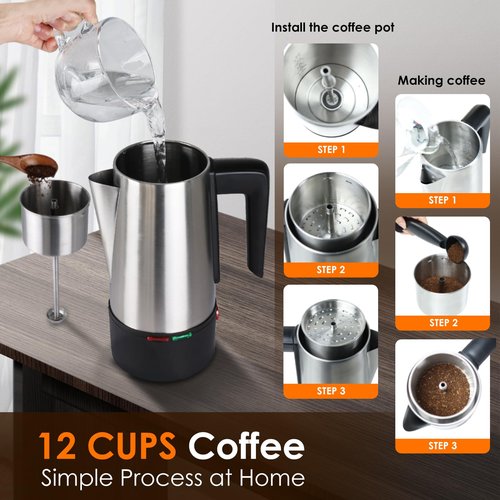 HOMOKUS Electric Coffee Percolator 12 CUPS Percolator Coffee Pot,800W Percolator Coffee Maker Stainless Steel with Clear Knob Cool-touch Handle,Coffee Pot Percolator Auto Keep Warm Function