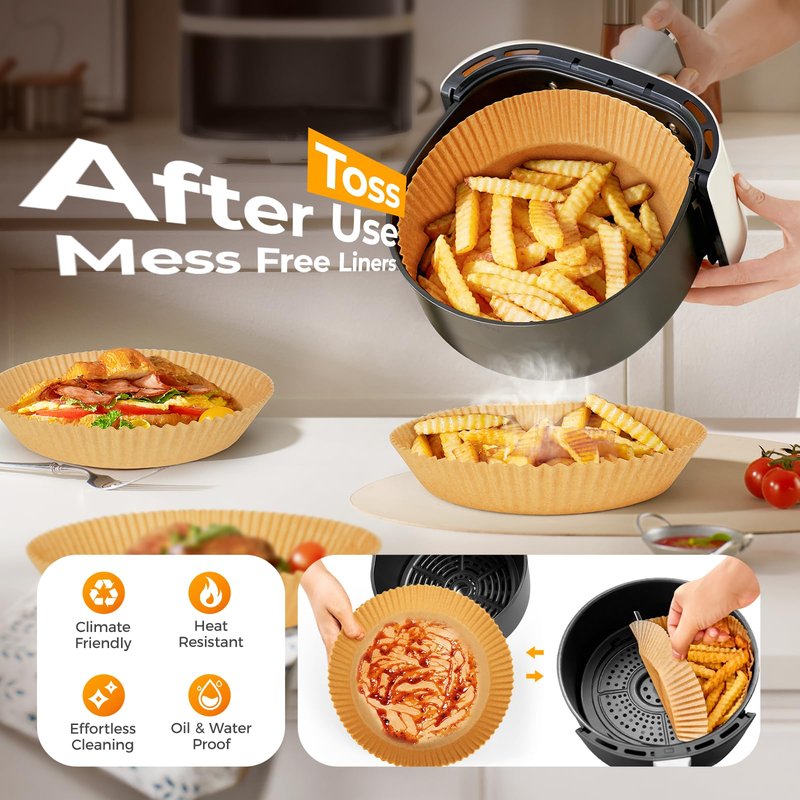 125Pcs Air Fryer Paper Liners Disposable, Non-Stick Air Fryer Parchment Paper, Food Grade Baking Liner for Baking Roasting Microwave (8IN-Round)