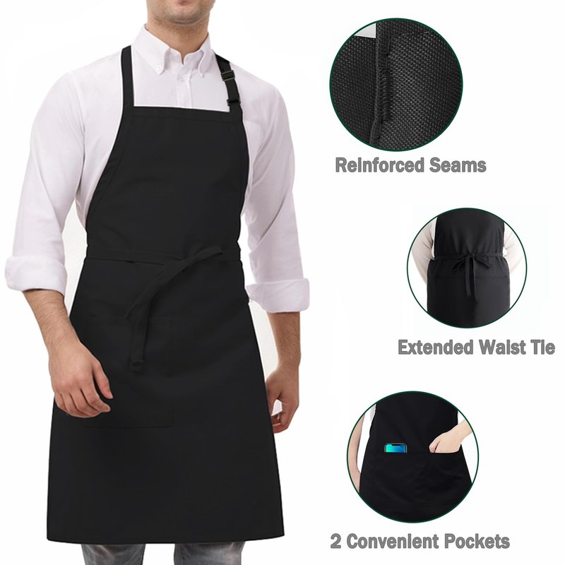 umboom 4 Pack Black Waterproof Apron, Adjustable Chef Apron with 2 Pocket for Men Women Waiter Waitress, Professional Work Apron for Kitchen Restaurant Garden Cooking Painting Baking (Water Resistant)