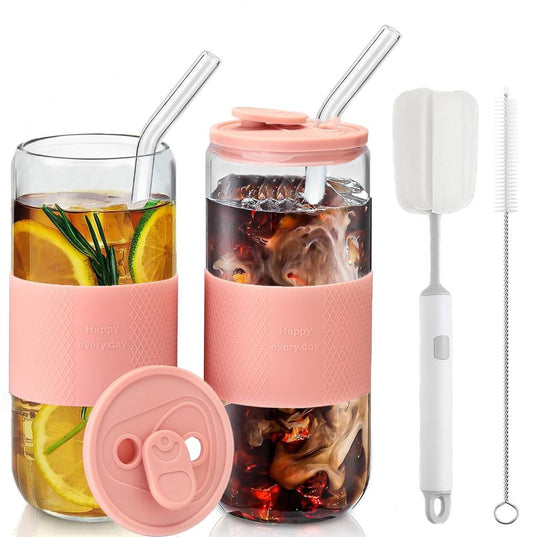 ASANMEYO 20oz Can Shaped Glass Cups with Silicone Lids and Glass Straw, 2PCS Drinking Glasses with Lids and Straws, and Silicone Sleeves, Beer Glasses, Iced Coffee Cups, Soda, Gift - Pink