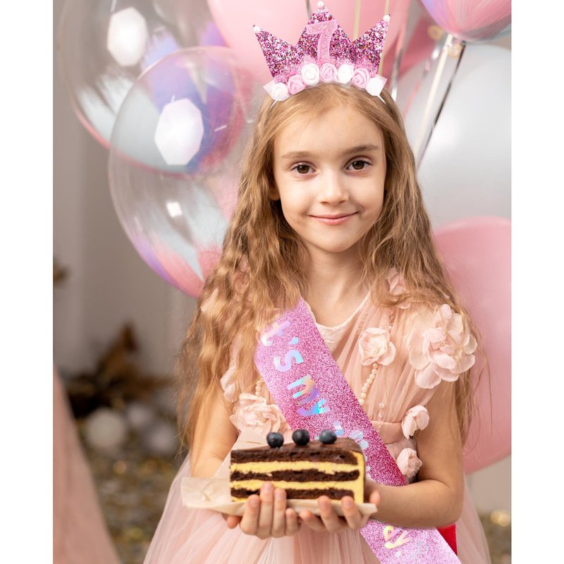 Vovii 7th Birthday Headband & Sash Set - Floral Princess Crown Headband for Birthday Girl Dress Up, Photo Prop & Party Decorations