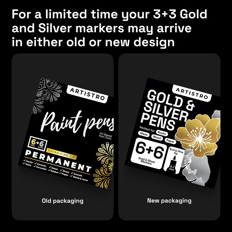 ARTISTRO 12 Oil-based Gold & Silver Paint Pens- 0.7mm Extra-Fine Markers for Tire, Wood, Rock, Fabric, Glass, Ceramic, Metal, Plastic, and More - Quick Dry, Waterproof