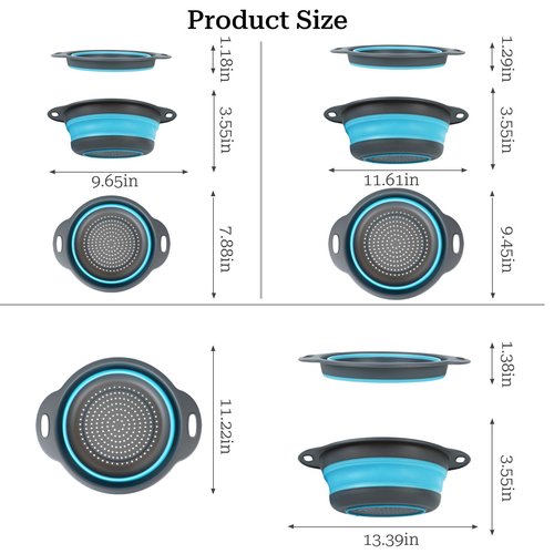 Cluren Collapsible Colander 3-Pack Set Space-Saving Foldable Kitchen Strainer with Non-Slip Base Durable Thickened PP+TPE Collapsible Strainers for Pasta, Vegetables, Fruits (Gray-Blue)