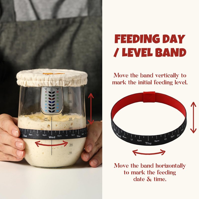 Snuvid 1 L (34 oz) Sourdough Starter Jar Kit, Wide Mouth Potbelly Crock - Glass Sour Dough Starter Bread Jar Set - Sourdough Baking Supplies - Sour Dough Bread Accessories Gifts for Sourdough Lovers
