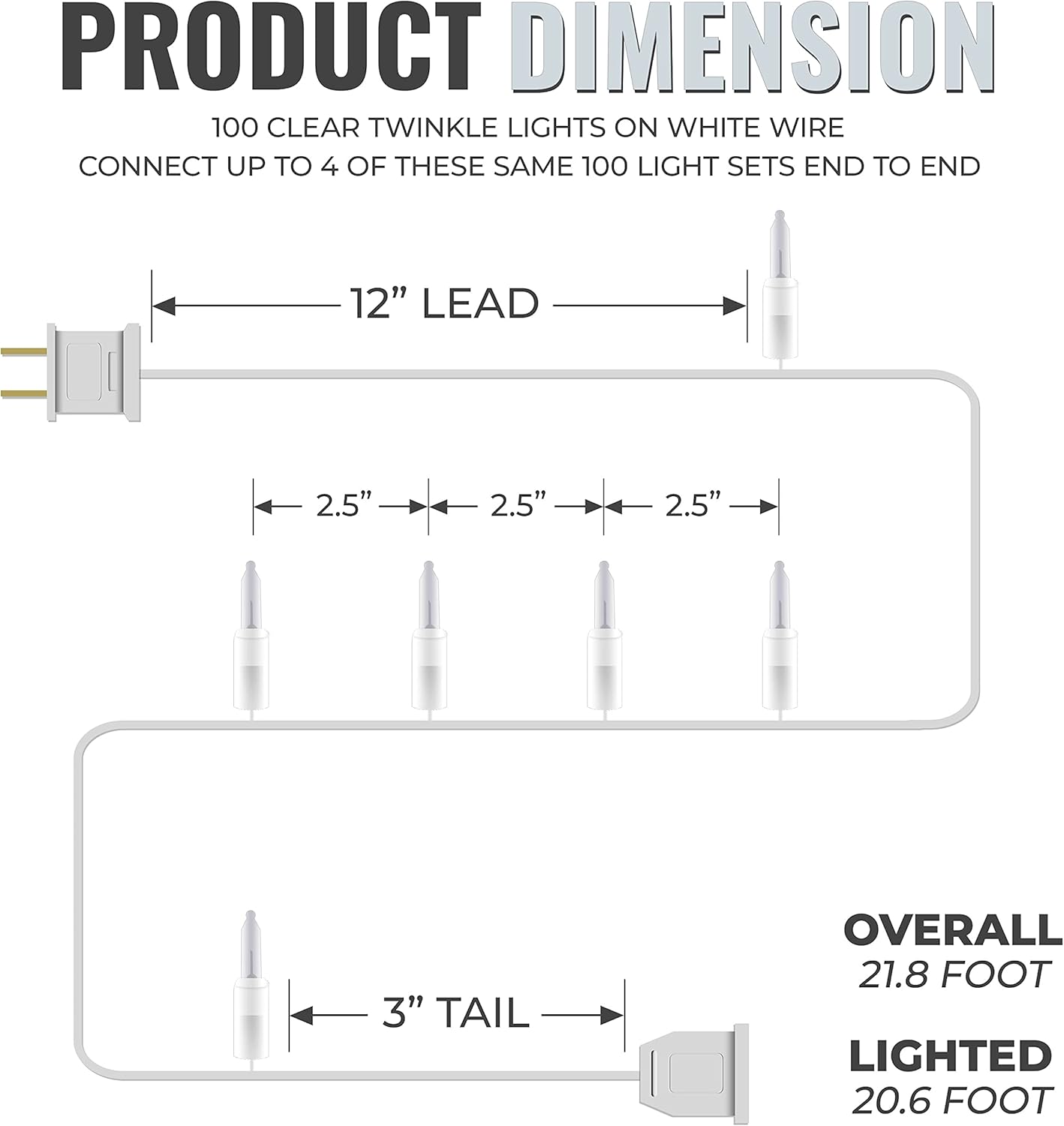 612 Vermont Clear Christmas Twinkle Lights - 100 Lights on White Wire | Indoor/Outdoor Use, 20.6' Lighted Length