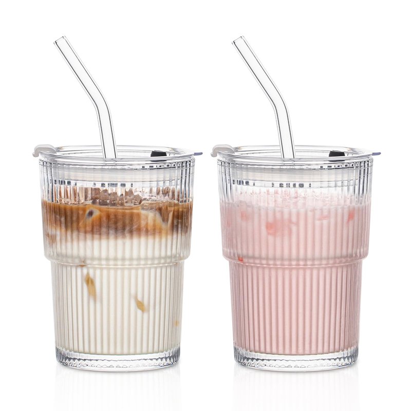 SoulTimes 13oz Glass Tumblers with Lids and Straws, Set of 2 - Stylish Ribbed Design Drinking Glasses for Iced Coffee, Juice, Smoothies, Cold Beverages, Includes Cleaning Brush, Durable Glassware