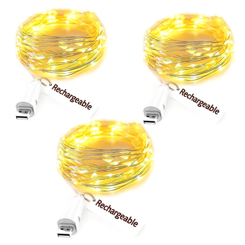 Dumcuw Fairy Lights USB Rechargeable Battery Operated, 7ft 20 LED String Lights Indoor for Bedroom Mason Jars Wedding Table Centerpieces Decorations Christmas Party Decor(Warm, 3 Pack)