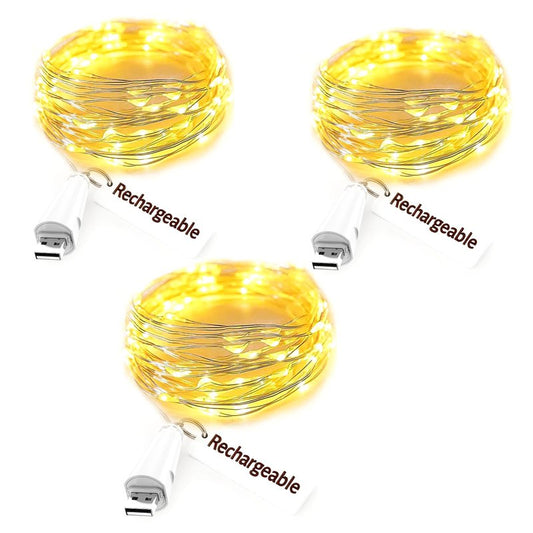 Dumcuw Fairy Lights USB Rechargeable Battery Operated, 7ft 20 LED String Lights Indoor for Bedroom Mason Jars Wedding Table Centerpieces Decorations Christmas Party Decor(Warm, 3 Pack)