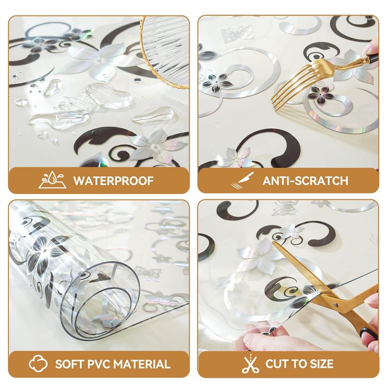 LovePads Floral Clear Table Cover Protector - 42 x 90 Inch Thick Plastic Table Cloth, Waterproof PVC Desk Mat for Dining Room Table, Wood Furniture Topper, Anti-Scratch Desk Pad for Kids Writing,