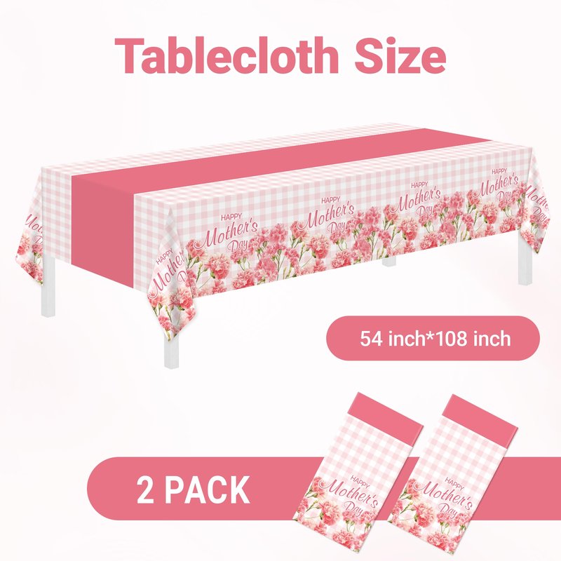 2 Pack Mothers Day Tablecloth,Mothers Decorations 54" x 108" Disposable Plastic Tablecloth,Mothers Table Cloth Plastic Pink Table Cover for Party Supplies,Birthday,Home,Dinner,Indoor,Outside Picnic
