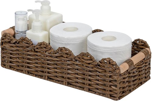 CubesLand Wicker Floating Shelves Baskets - Scalloped Edge Toilet Paper Organizer | Brown Rattan with Wood Handle