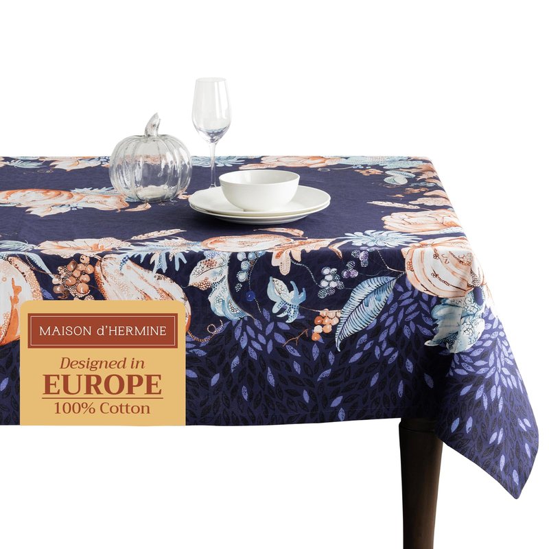 Maison d' Hermine Table Cloth Rectangle Table 100% Cotton 70 x 108 Inches Fall Tablecloth Reusable Everyday Use for Thanksgiving Christmas Decorations Dining Farmhouse Party (Pumpkin Blues)