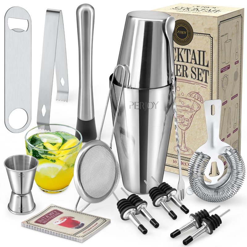 Perjoy Cocktail Shaker Set, 16 Piece Bartender Kit, Cocktail Shaker, Stainless Steel Bar Set Accessories, Coktail Set, Boston Shaker, Drink Mixer Shaker, Bartending Bar Tools with Muddler Spoon Jigger