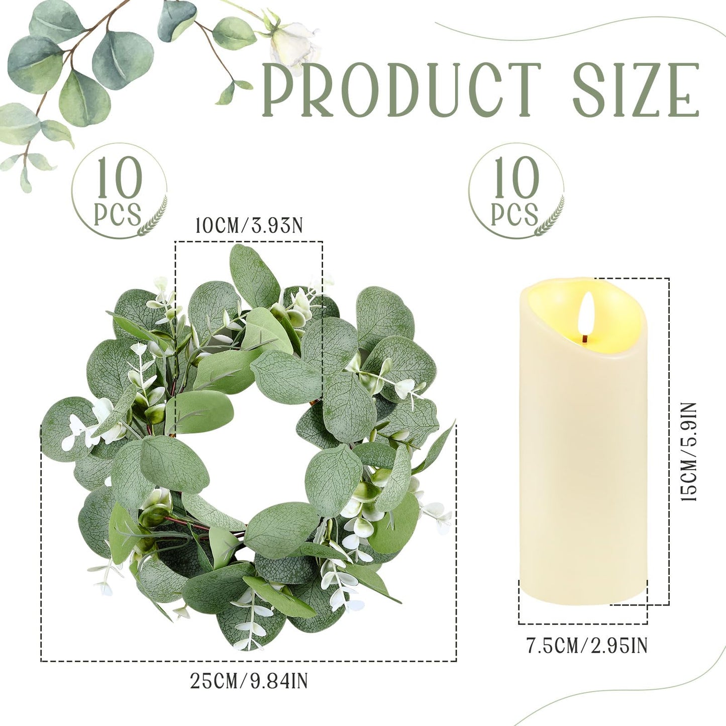 VIHOSE 10 Set Candle Rings Artificial Eucalyptus Leaves Wreaths with Flameless Candles Sets Boho Wreath Pillar Candleholders LED Pillar Battery Table Centerpieces for Wedding Home Party Decor